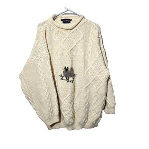 Vtg Acorn SHEEP Pure New Wool Fisherman Cable Knit Sweater XL Jumper Mens Ram